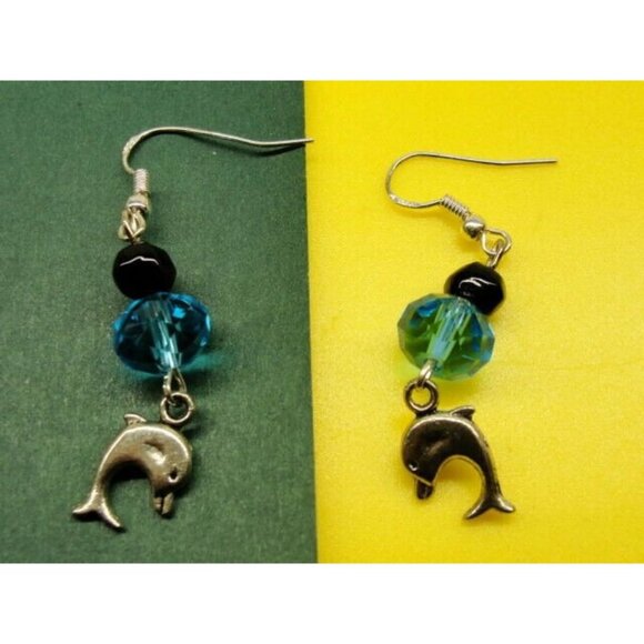 Dolphin Blue Black Bead Silver Tone Vertical Drop Dangle Hook Earrings Womans - Picture 1 of 3